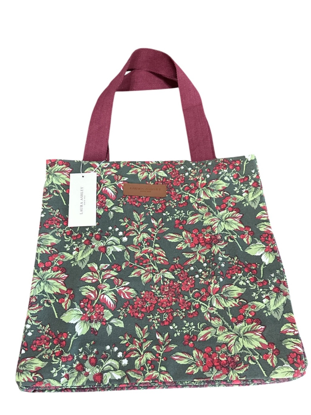 NEW Laura Ashley BRAMBLE FLORAL Dark Green & Burgundy Tote Bag